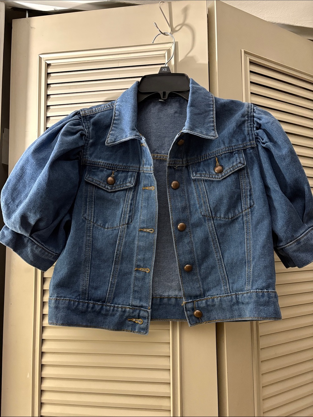 Classic Blue Denim Jacket with Puff Sleeves